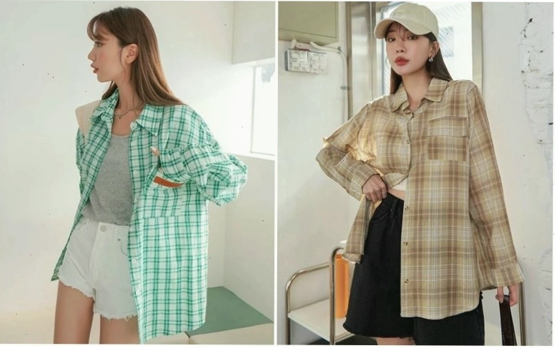 Cô gái mặc áo sơ mi caro xanh tay ngắn phối cùng quần short kaki