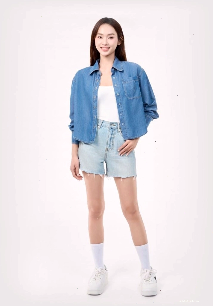 Cô gái mặc áo sơ mi denim nữ dáng crop, phối cùng chân váy đen và túi xách