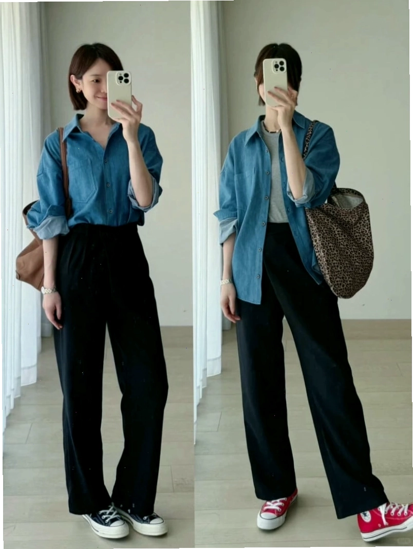 Cô gái mặc áo sơ mi denim nữ dáng ngắn