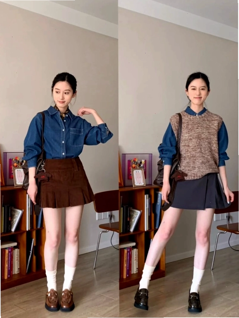 Cô gái mặc áo sơ mi denim nữ dáng rộng