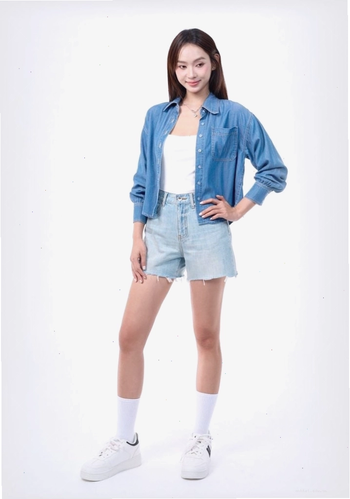 Cô gái mặc áo sơ mi denim nữ màu xanh nhạt dáng crop, phối cùng chân váy tennis đen