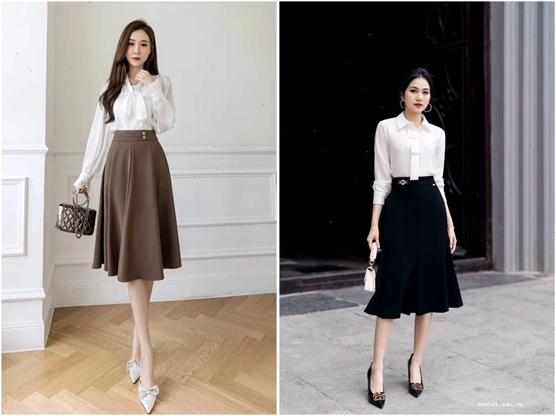 Cô gái mặc chân váy công sở dáng chữ A màu đen cùng áo phông và túi xách đeo chéo