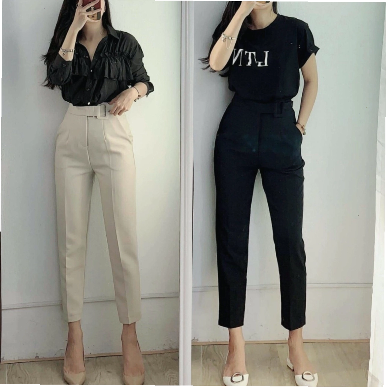 Cô gái mặc quần baggy lưng cao phối cùng áo sơ mi oversize