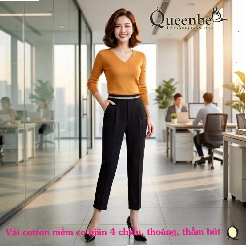 Cô gái mặc quần baggy lưng cao với áo thun