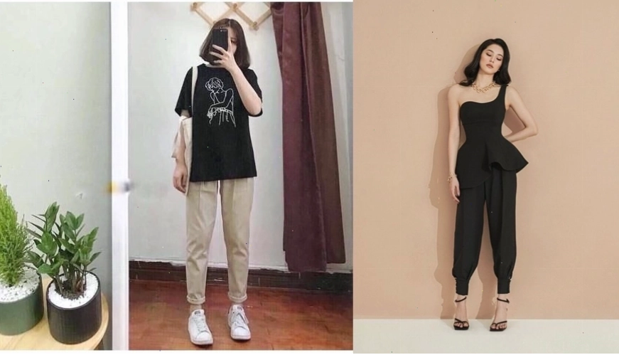 Cô gái mặc quần baggy nữ lưng cao denim phối áo thun trắng