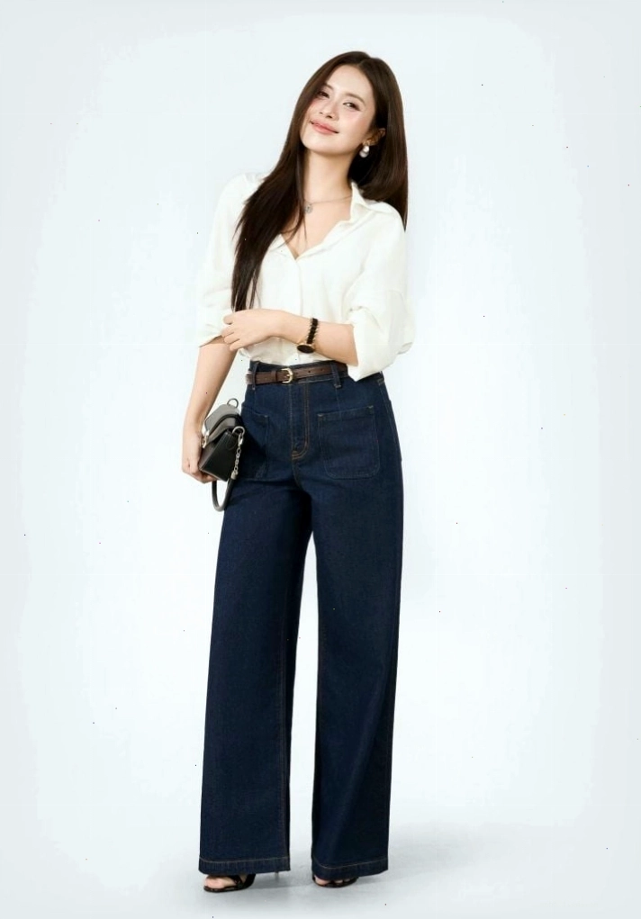 Cô gái mặc quần jean lửng nữ form rộng lưng cao, áo croptop hai dây trắng, đi sneaker trắng