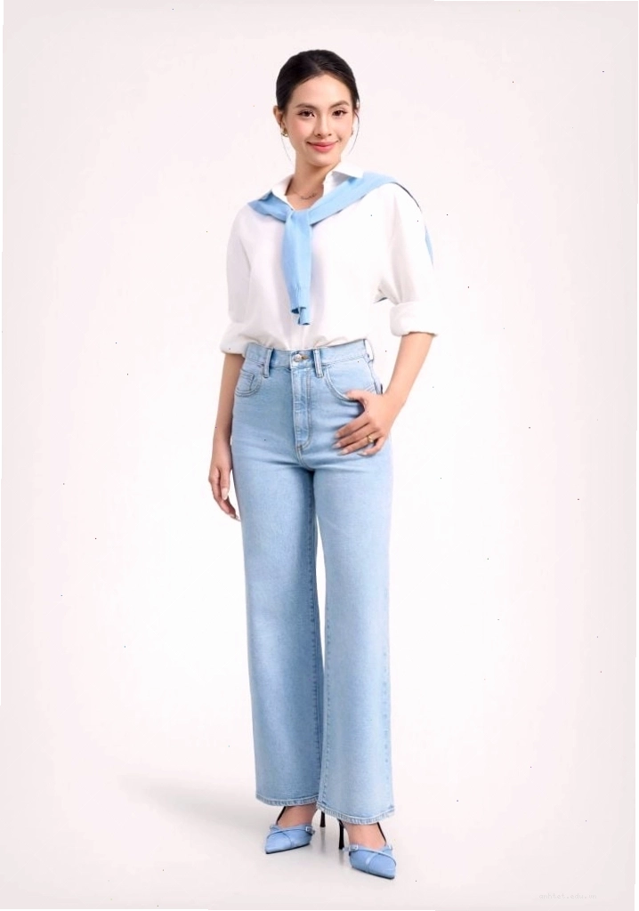 Cô gái mặc quần jean nữ dáng straight rộng hiệu ứng ombre màu xanh đậm