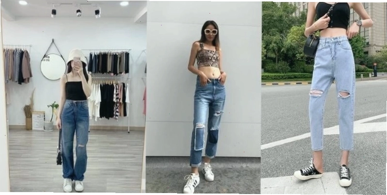 Cô gái mặc quần jean rách và áo hai dây