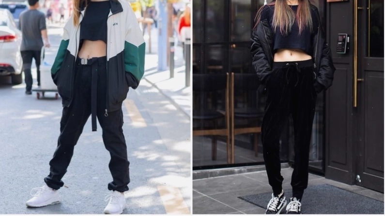 Cô gái mặc quần jogger màu be phối cùng áo thun và áo bomber jacket