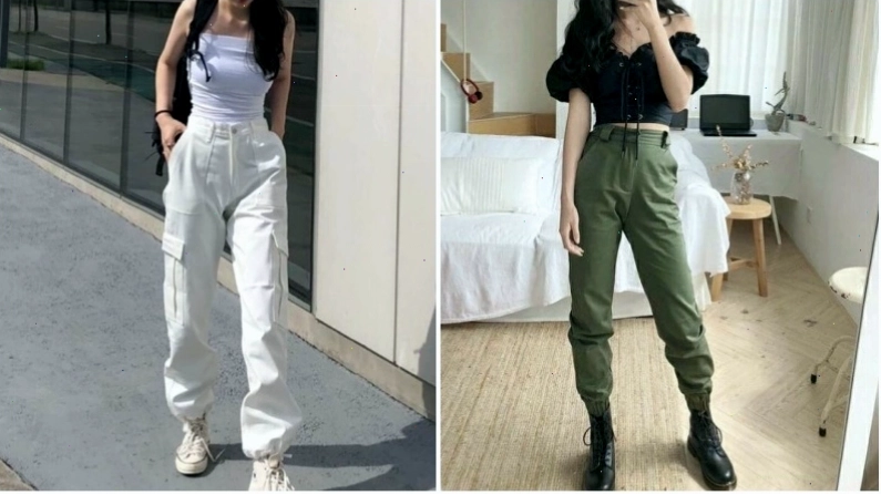 Cô gái mặc quần jogger màu xám phối cùng áo sweater và giày sneaker