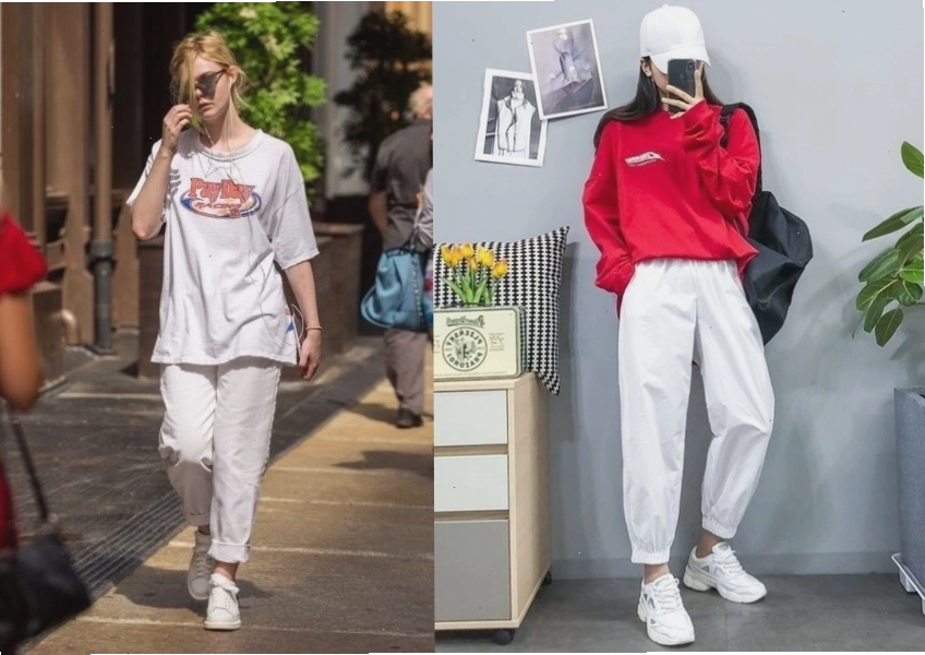 Cô gái mặc quần tây baggy lưng cao màu xám phối áo sơ mi oversized