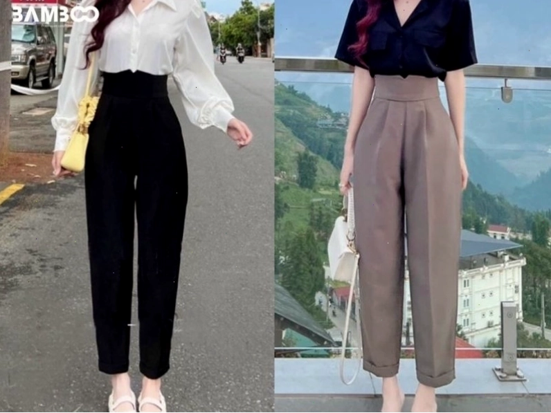 Cô gái mặc quần tây nữ công sở baggy màu nâu phối áo thun graphic, giày thể thao