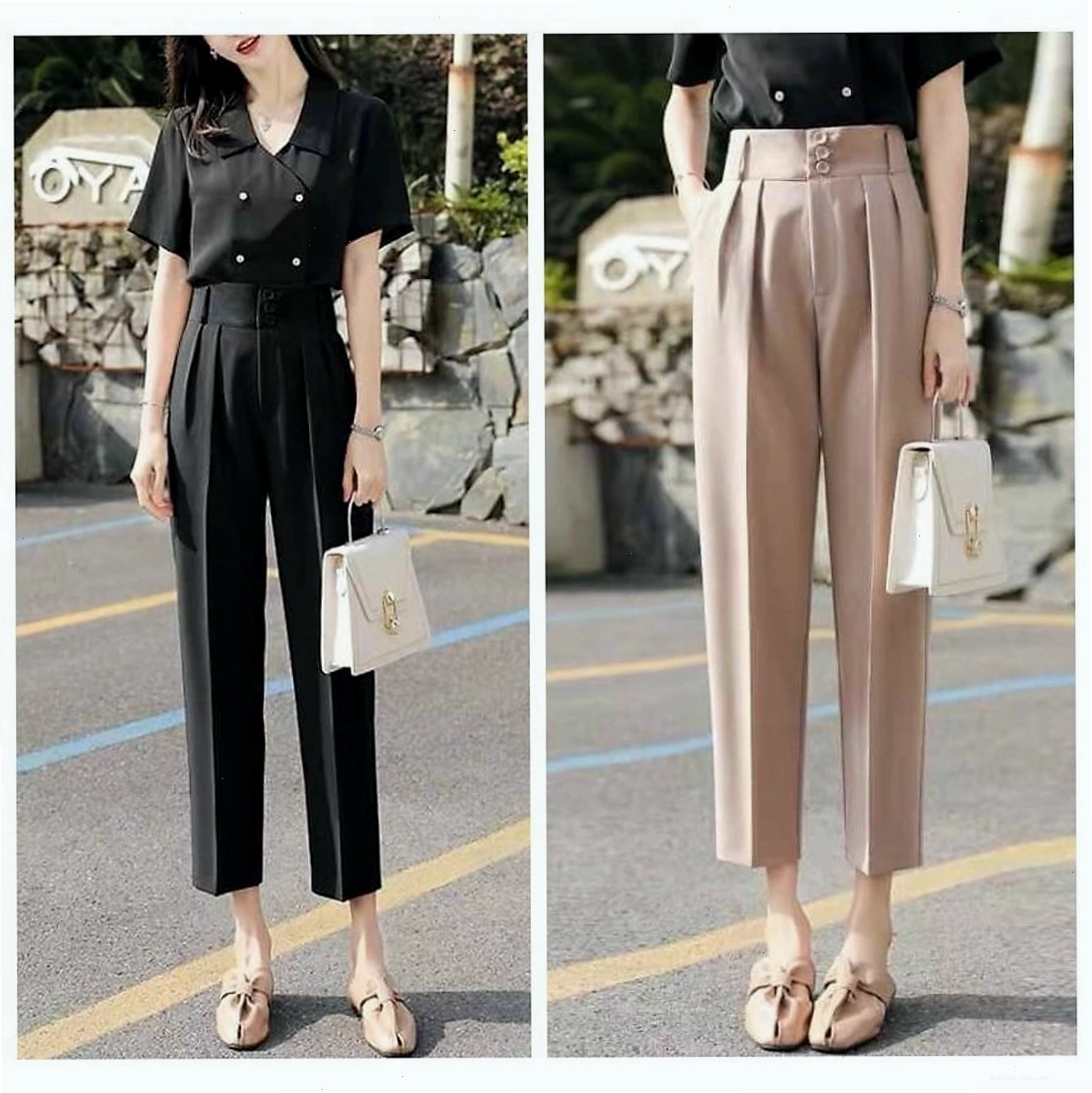 Cô gái mặc quần vải lưng cao màu đen ống suông phối cùng áo hai dây lụa và blazer