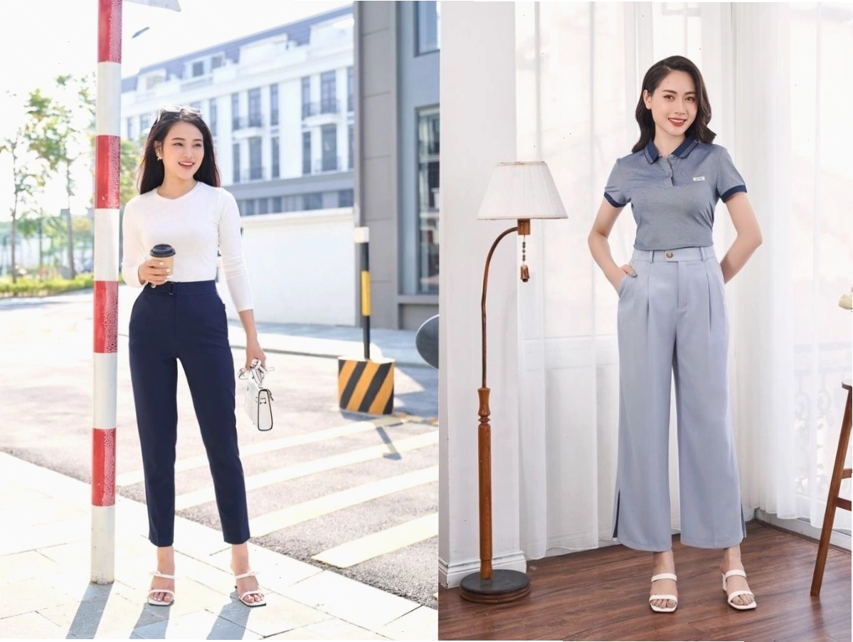 Cô gái mặc quần vải lưng cao màu xanh navy phối cùng áo phông họa tiết và giày thể thao