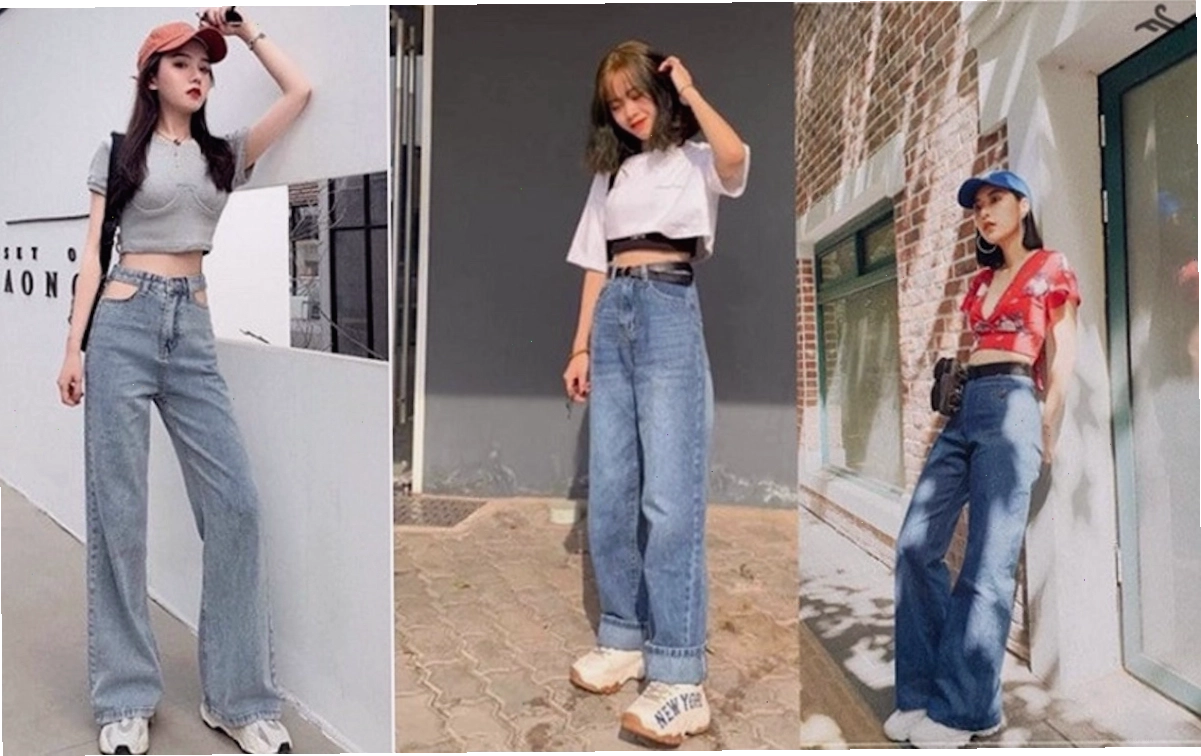 Cô gái mặc quần vải lưng cao ống rộng màu be phối cùng áo len cổ lọ và mũ nồi