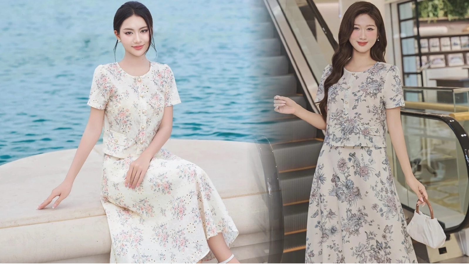 Cô gái mặc set áo croptop trắng với chân váy dài xếp ly màu be
