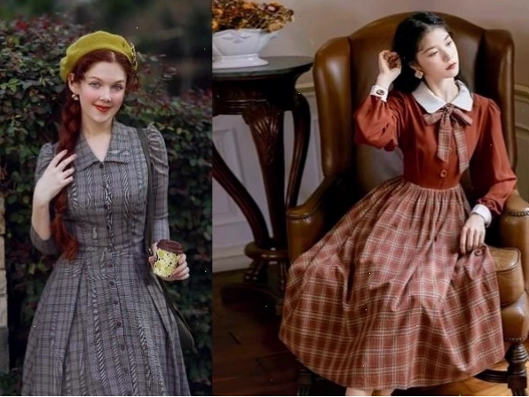 Cô gái mặc set đồ vintage gồm áo kiểu và chân váy midi họa tiết hoa