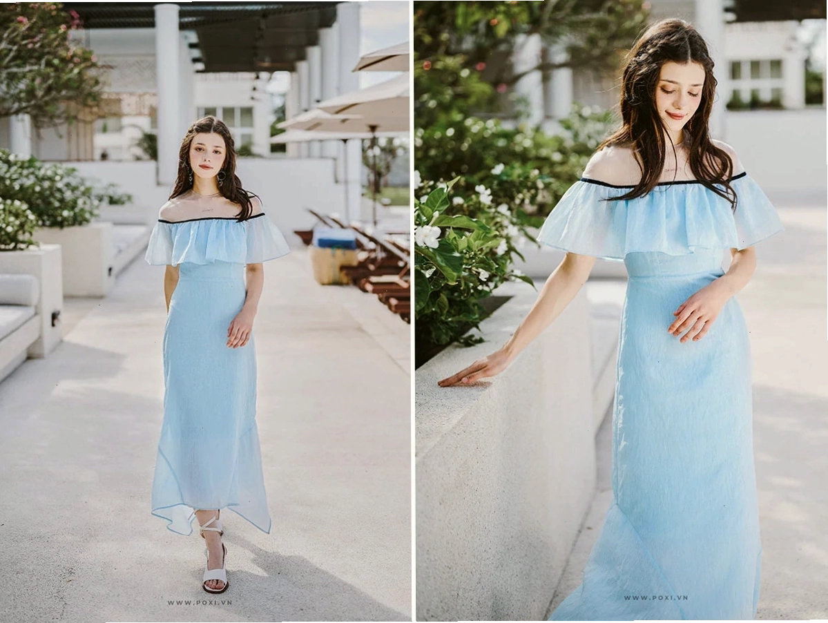 Cô gái mặc váy maxi dáng dài họa tiết hoa nhí, dáng xòe