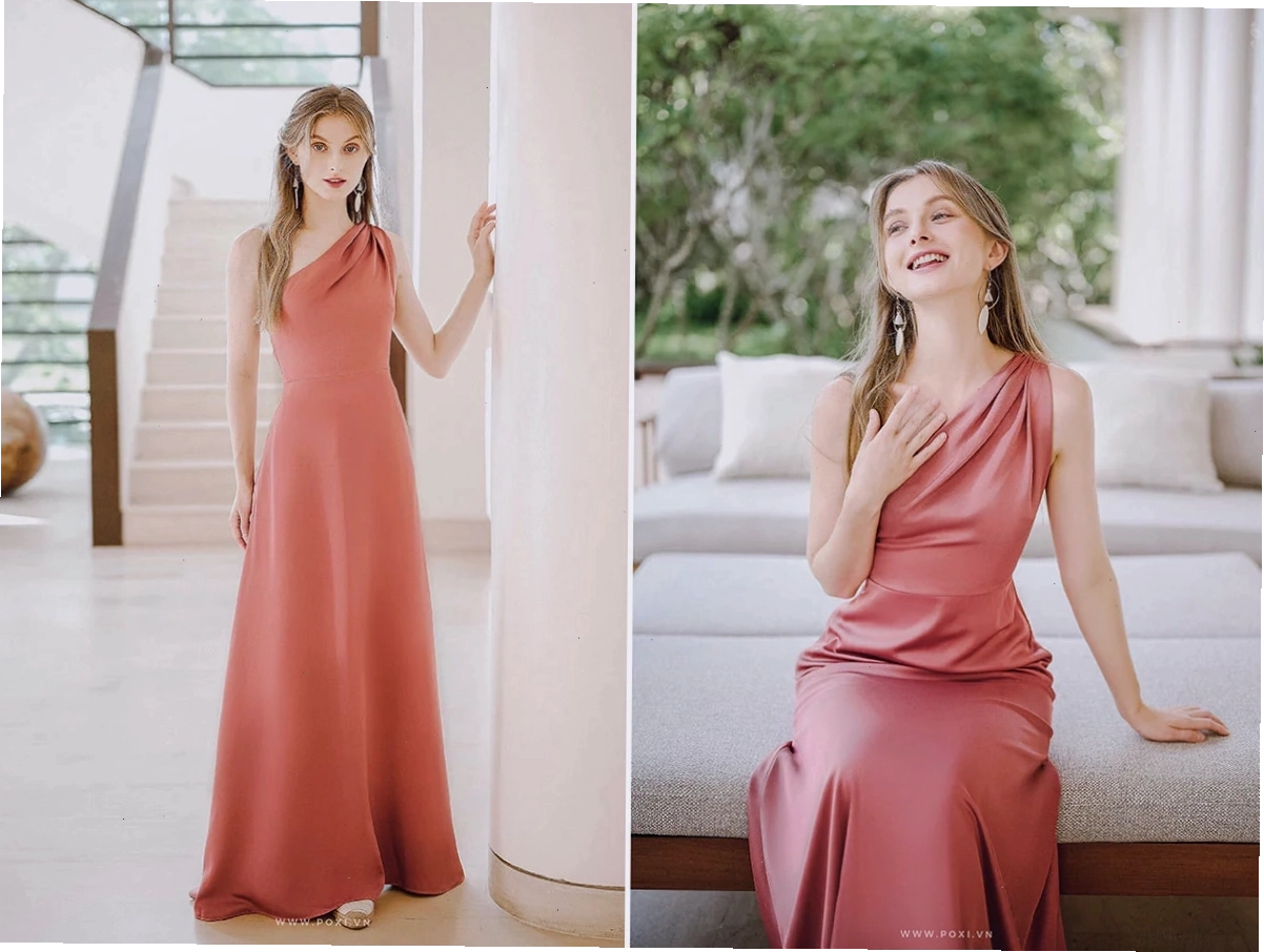 Cô gái mặc váy maxi dáng dài màu vàng chanh, cổ yếm, xẻ tà
