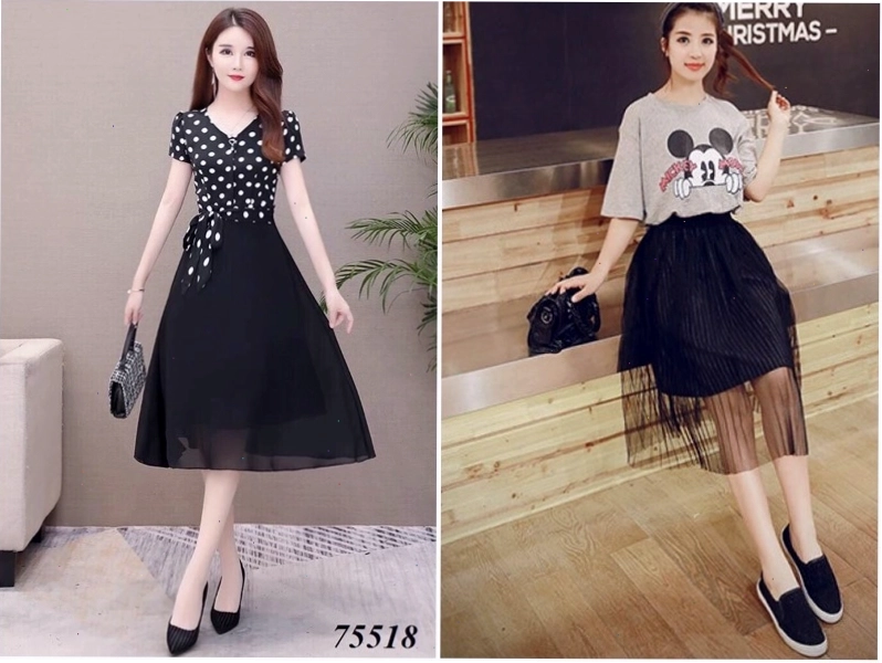 Cô gái phối chân váy công sở chữ A màu xanh navy cùng áo thun kẻ ngang