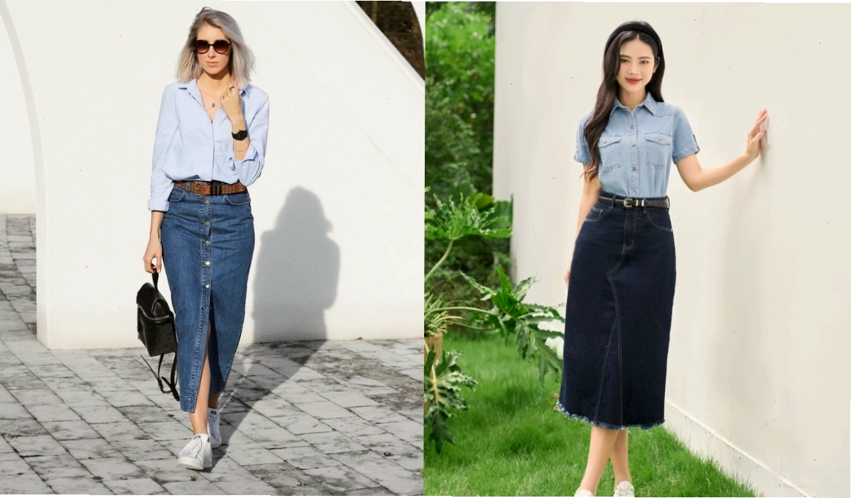 Cô gái phối chân váy jean dài với áo sơ mi
