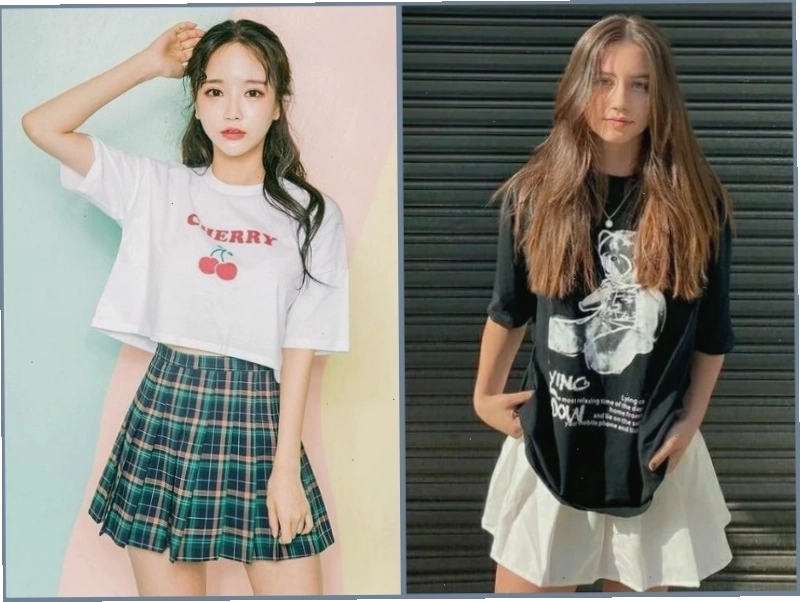 Cô gái phối chân váy xếp ly ngắn kẻ caro với áo croptop và giày sneaker