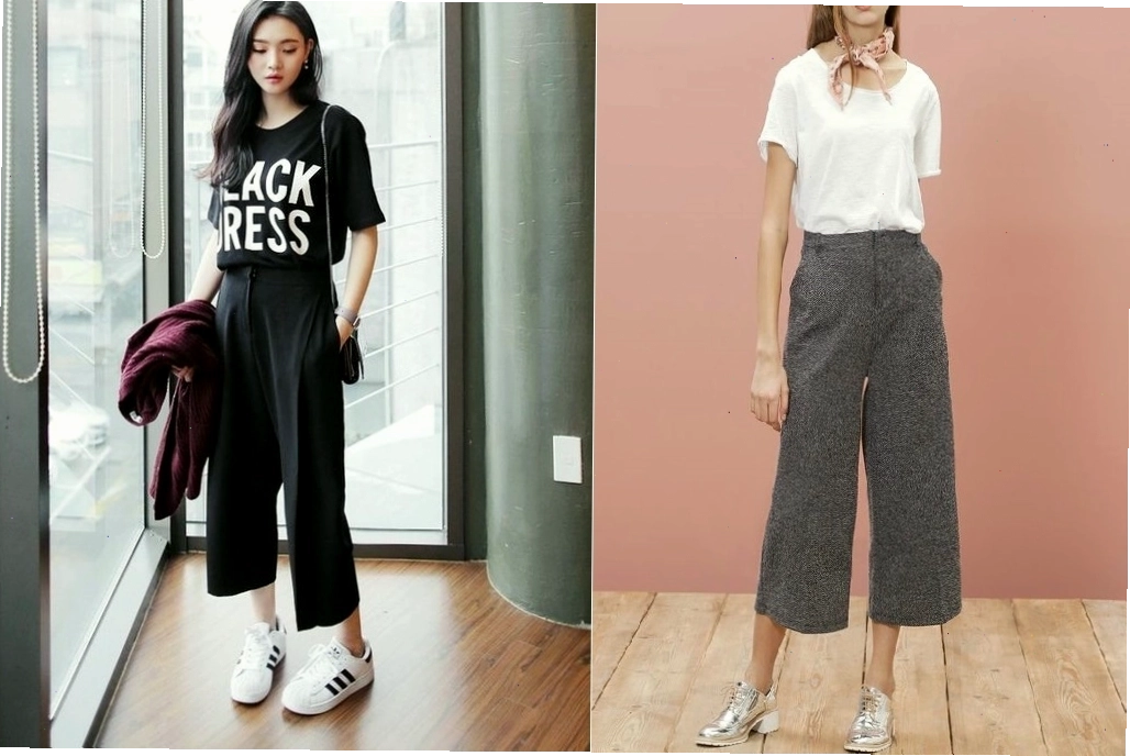 Cô gái phối quần culottes ống rộng với áo thun basic