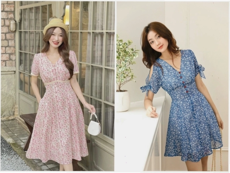Cô nàng diện đầm hoa nhí vintage dáng dài màu trắng, họa tiết hoa nhỏ li ti, cổ vuông, tay phồng nhẹ, trông thật nữ tính và dịu dàng