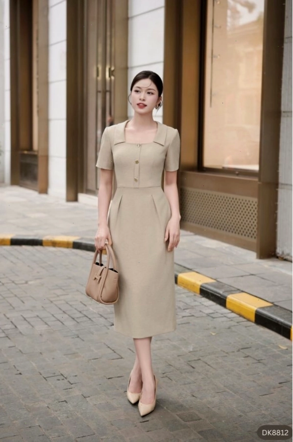 Đầm body cổ vuông màu be chất liệu linen, dáng ngắn năng động