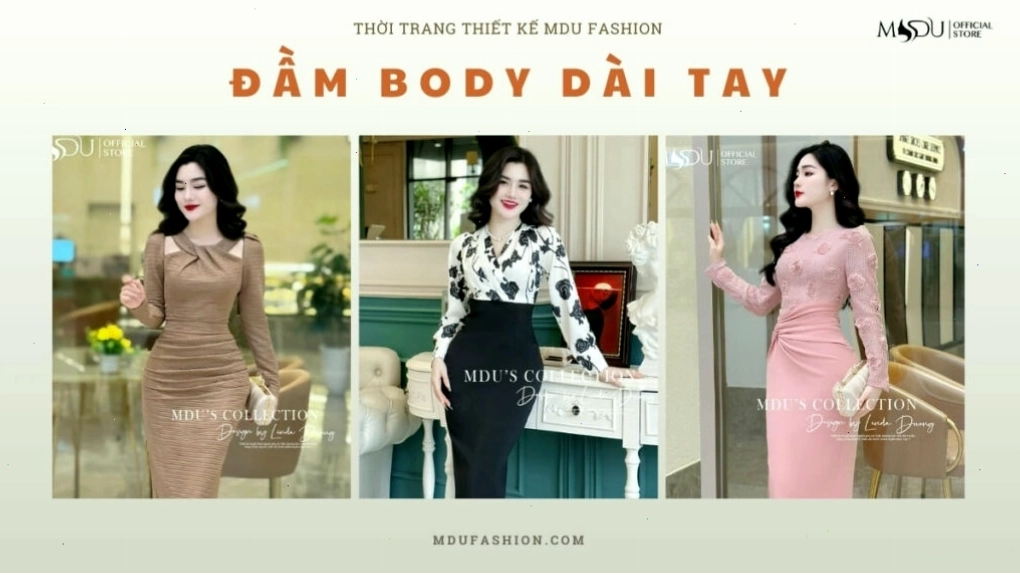 Đầm body dáng dài màu be chất liệu thun co giãn, cổ tròn tay dài ôm sát cơ thể