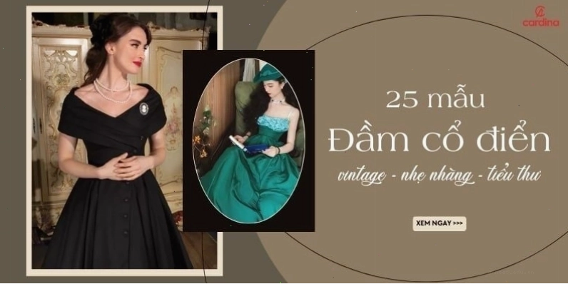 Đầm cổ điển màu be dáng dài, cổ tròn, tay phồng nhẹ nhàng, chất liệu lụa mềm mại