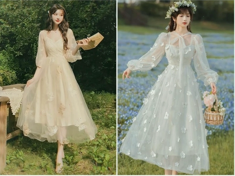 Đầm công chúa tay dài màu hồng pastel, cổ bèo, chân váy xòe ngắn đáng yêu