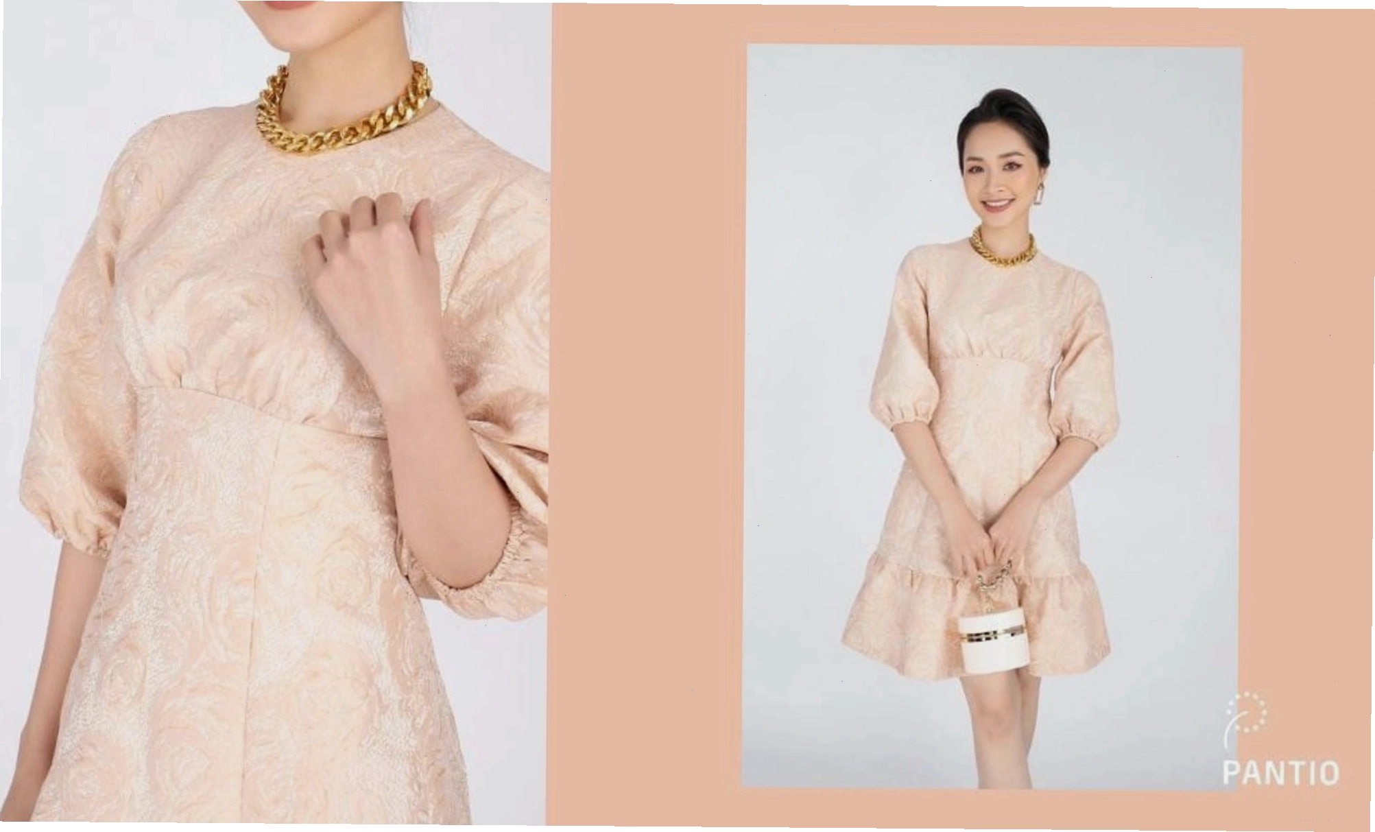 Đầm công sở dáng đuôi cá, phần chân váy xoè nhẹ tạo điểm nhấn nữ tính.