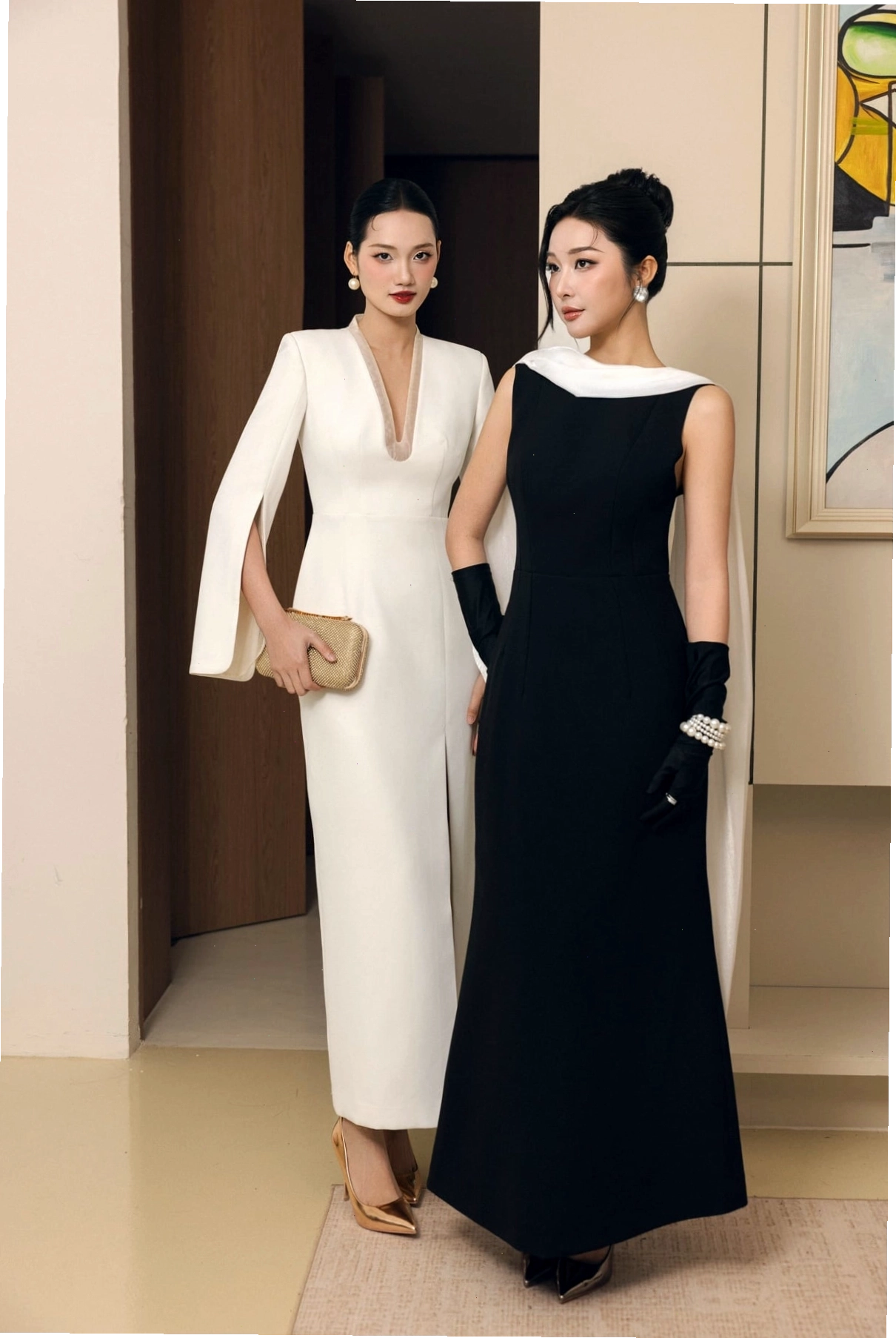 Đầm dạ hội cao cấp vải thô dày dáng ôm cổ phối vạt cách điệu, gấu váy xoè nhẹ tạo kiểu, khoá thân sau