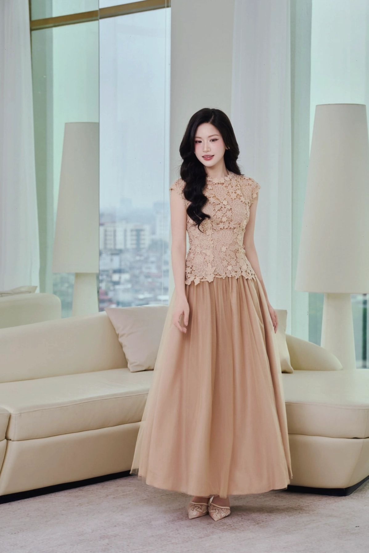 Đầm dạ hội dáng chữ A xoè vải ren hoa màu xanh navy cổ tròn tay chờm, thân váy phối vải lưới xoè thời trang khoá thân sau