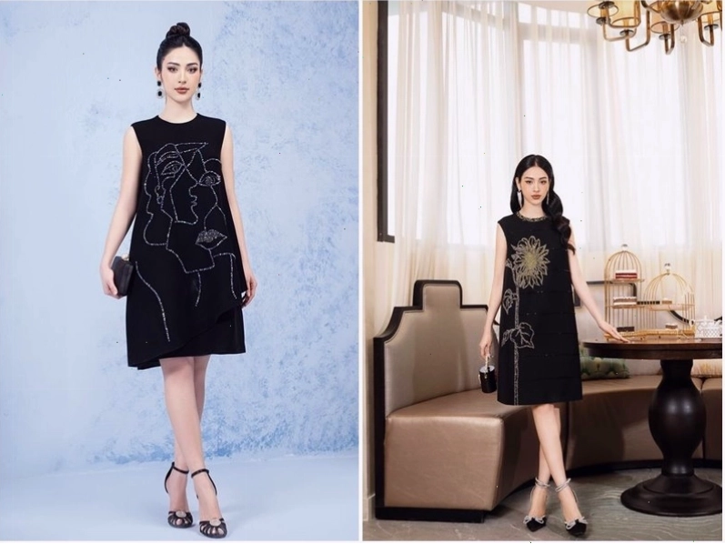 Đầm dài dáng suông màu xanh navy, cổ tròn, tay lỡ, chất liệu lụa mềm mại, thoải mái