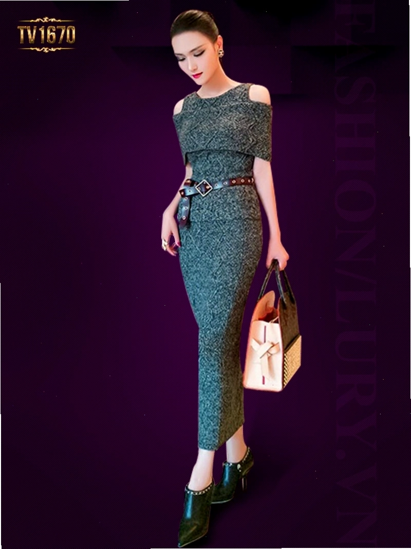 Đầm dự tiệc ánh kim dáng body dài tay, chi tiết cut-out ở vai và eo