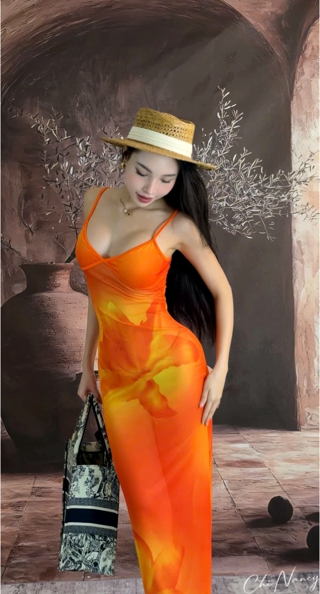 Đầm hai dây ôm body, họa tiết hoa, xuyên thấu gợi cảm, đi biển mùa hè - Chinancy