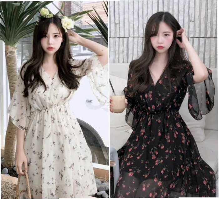 Đầm hoa nhí cánh rơi có thiết kế chiết eo độc đáo, màu xanh lá cây, họa tiết hoa nhỏ, cổ V