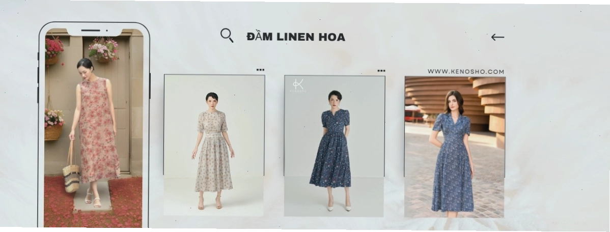 Đầm linen dáng suông dài, cổ V, tay lỡ, họa tiết hoa nhí tông màu be, tạo cảm giác vintage và thanh lịch.
