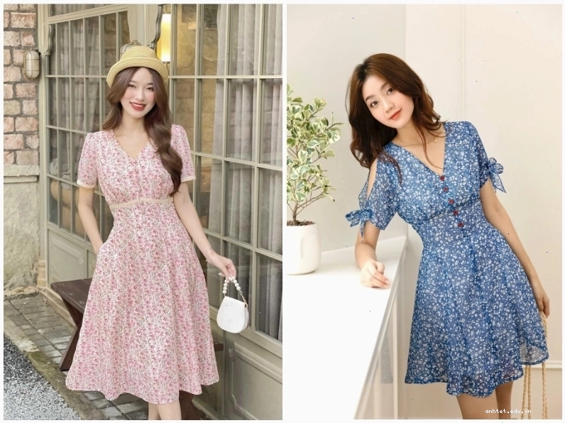Đầm suông dáng chữ A, cổ tròn, tay ngắn, họa tiết hoa nhí màu xanh lá trên nền trắng, tạo vẻ ngoài tươi trẻ và năng động.