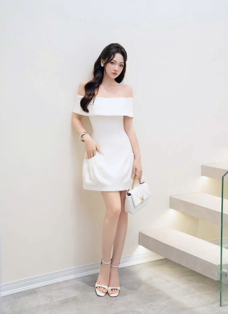 Đầm trắng trễ vai dáng dài thiết kế đơn giản hiện đại, thanh lịch