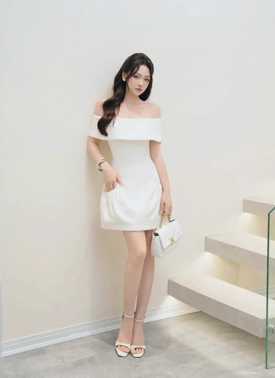 Đầm trắng trễ vai dáng suông nhẹ, chất liệu cotton mềm mại, tay phồng nhẹ nhàng