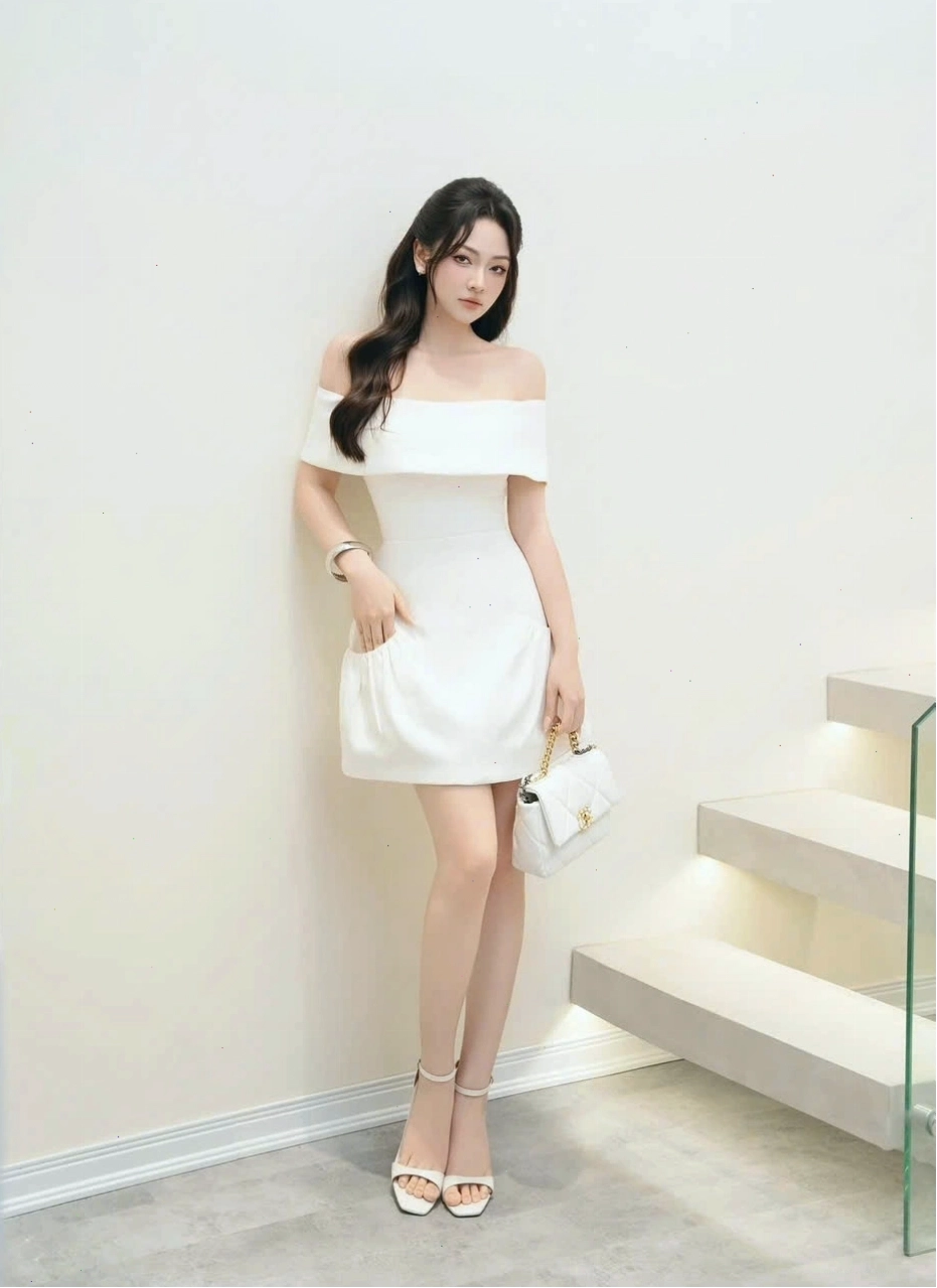 Đầm trắng trễ vai dự tiệc thiết kế đơn giản, hiện đại