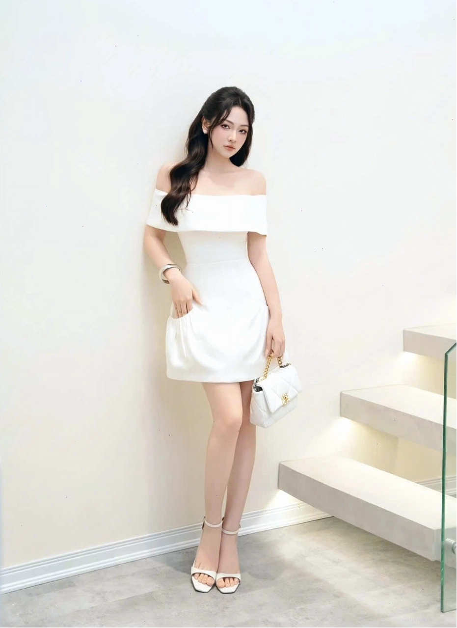 Đầm trắng trễ vai dự tiệc với thiết kế xếp ly, dáng xòe nhẹ nhàng phù hợp cho nữ
