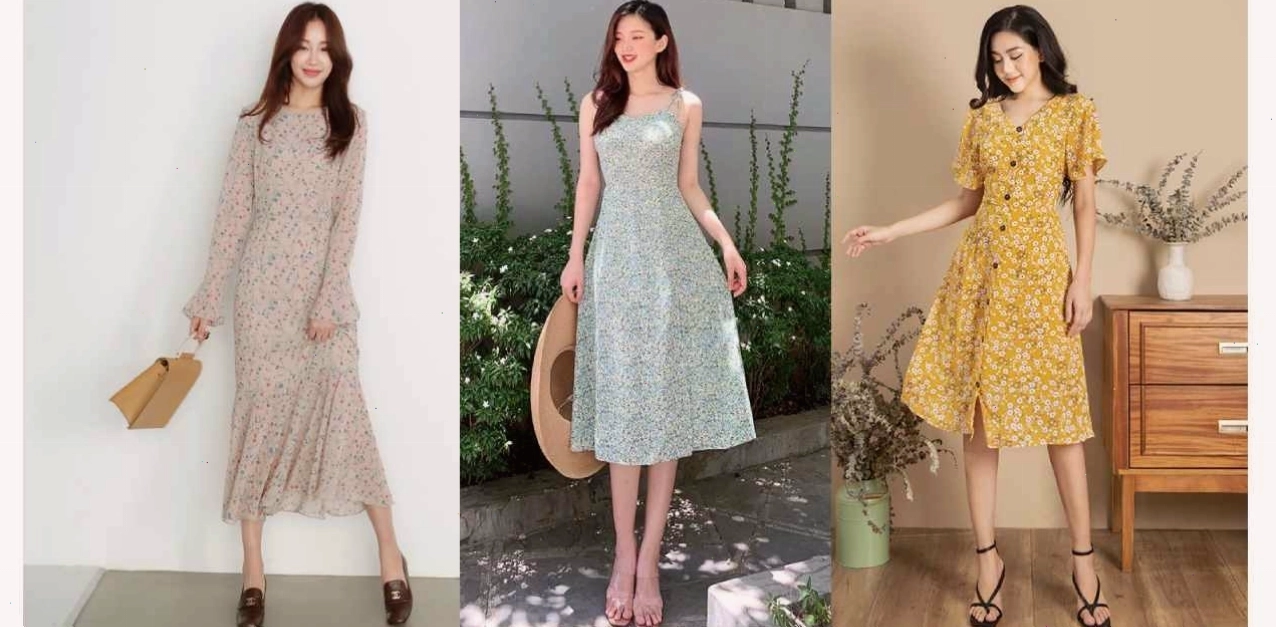 Đầm voan hoa nhí dáng dài tay phồng cổ V