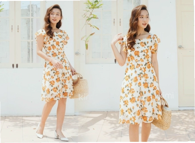Đầm voan hoa nhí màu hồng pastel dáng xòe tay lỡ