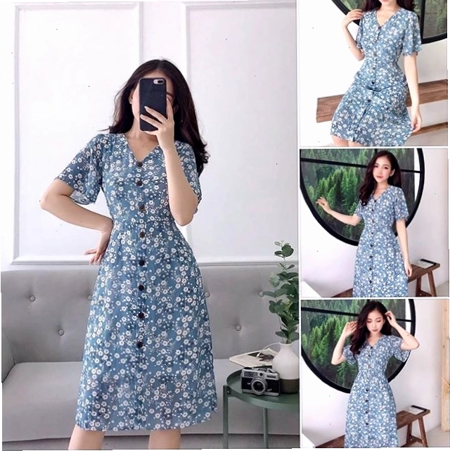 Đầm voan hoa nhí tay dài màu xanh cổ điển