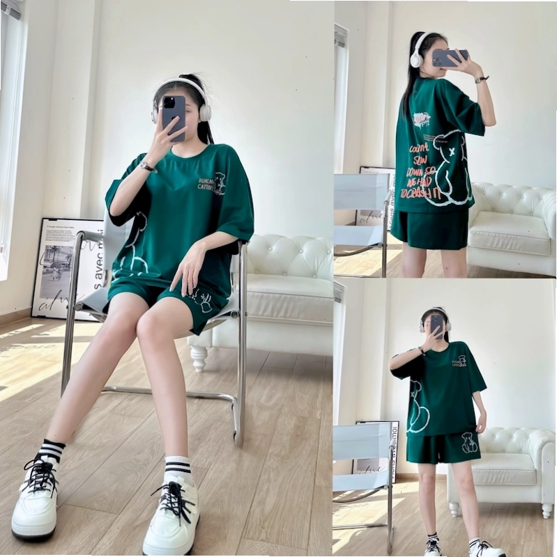 Đồ bộ thun nữ form rộng tay lỡ in hình gấu