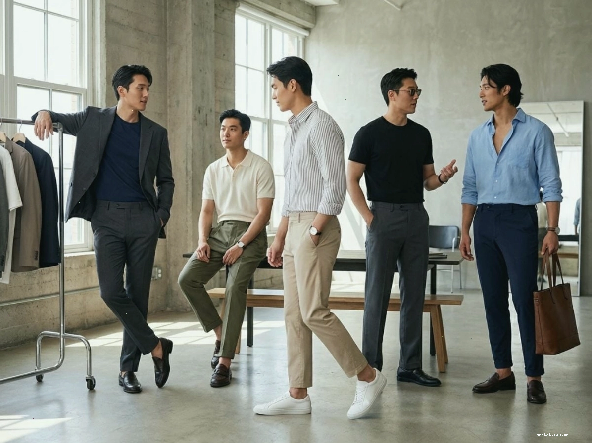 Hai người mẫu nam phối quần tây ống suông với áo thun graphic và áo khoác bomber